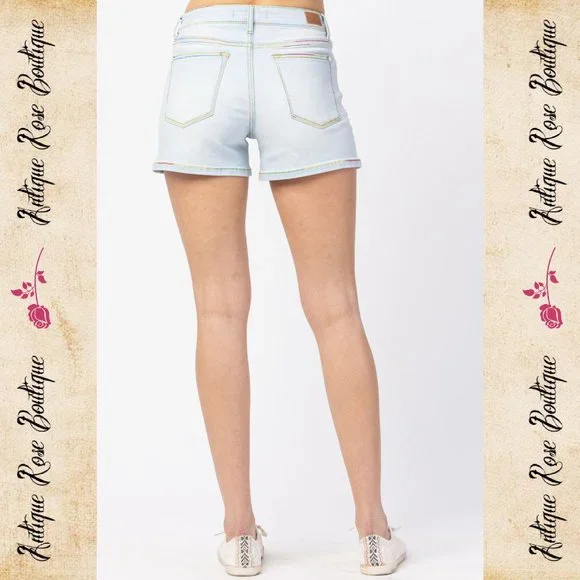 🌹 Judy Blue Rainbow Thread Mid Rise Shorts - Picture 4 of 11